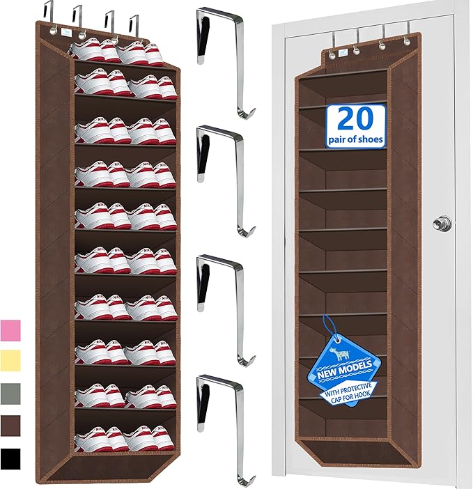 Over the Door Shoe Organizer, 20 to 30 Pairs Hanging Shoe Holder, Heavy Duty Extra Deep Pockets Shoe Storage for Closet, Anti-Scratch Hooks & FSC-Certified Bamboo - Coffee