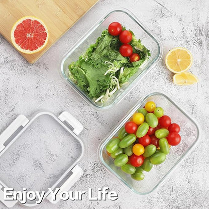 HOMBERKING 4 Pieces 63oz/8cup Large Glass Food Storage Containers with Lids, Meal Prep Containers, Airtight Bento Boxes with Leak Proof Locking (2 Containers 2 Lids), Microwave,Oven,Fridge Safe-White