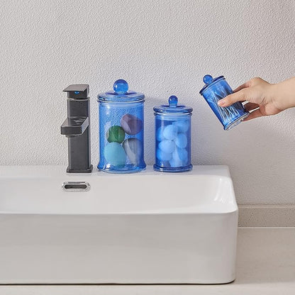 KMwares 3PCs Set Small Glass Premium Quality Apothecary Jars with lids Bathroom Accessories Set for Laundry Room Storage Kitchen/Vanity Organizer Canisters for Cotton Balls, Sponges,Q-Tips(Blue jar)