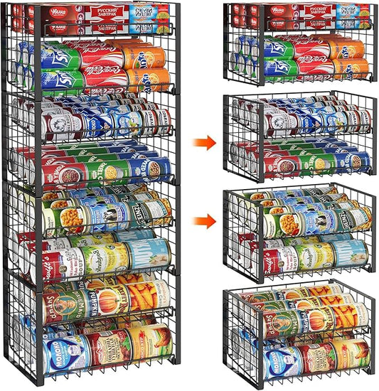 JKsmart 2-Tier Stackable Rack Organizer for Pantry, Adjustable Dispenser Holds Up to 120 Cans, Storage Holder for Various Ounces of Canned Drinks, Black, 4 Pack