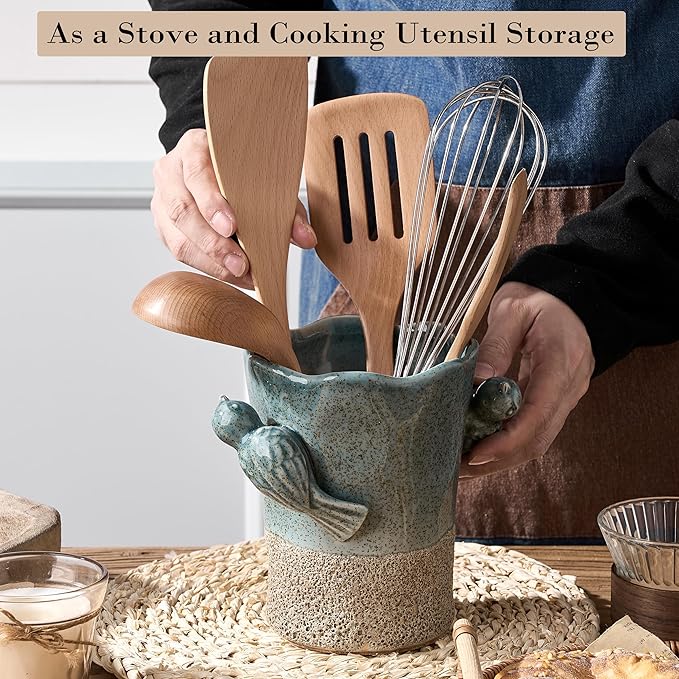 6.38“H Utensil Holder for Kitchen Counter, Modern Farmhouse Cooking Utensil Holder and Crock Home Kitchen Decor, Ceramic Utensil Organizer for Spatula, Ladle, Eggbeater, Rolling Pin- Blue and Brown