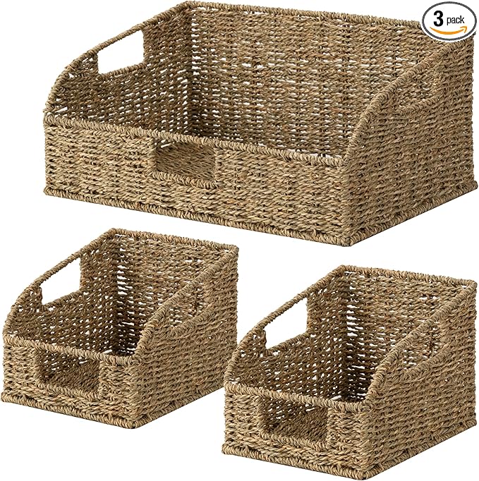 StorageWorks Seagrass Pantry Storage Baskets, Wicker Baskets with Built-in Handles, Handwoven Shelf Baskets for Organizing, Pantry Organizers and Storage, 3 Pack