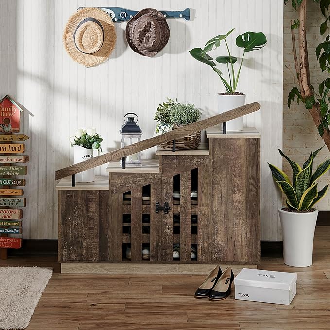 24/7 Shop at Home Cadence Farmhouse Hidden Shoe Cabinet Entryway, Hallway, Decorative Storage with Doors, Staircase-Style Enclosed Footwear Furniture, 12 Pair, 46 in. Width, Oak Brown