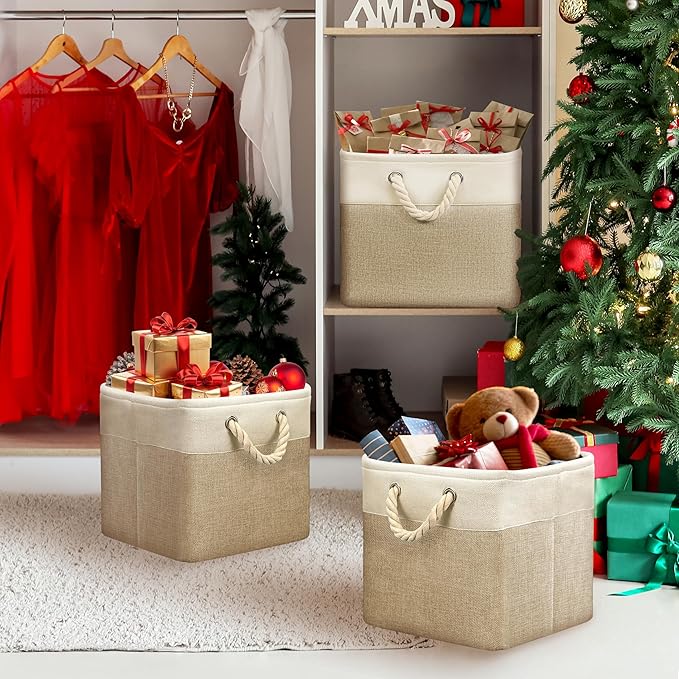 Simple Houseware 13" x 13" Large Fabric Storage Cubes for Closet and Cube Organizer, 3 Pack, Beige