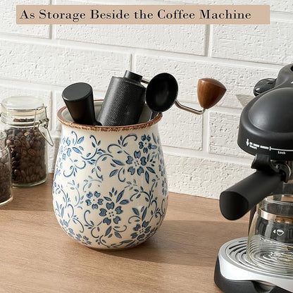 Utensil Holder for Kitchen Counter, Modern Farmhouse Cooking Utensil Holder and Crock Home Kitchen Decor, Ceramic Utensil Organizer for Spatula, Ladle, Eggbeater, Rolling Pin- Blue and White Porcelain