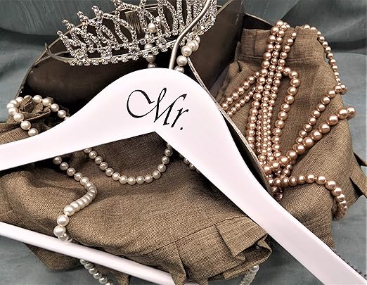 NAHANCO MRMRS20117WH Bridal Hanger Set, White Wood Hangers with Black Imprint (Mr. and Mrs.), 17” (2 Piece Set)