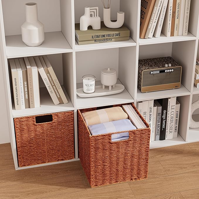 Vagusicc Wicker Storage Basket, Set of 2 Hand-Woven Paper Rope Wicker Basket, Foldable Cube Storage Bins, Square Large Storage Baskets for Organizing Shelves & Decor, Orange (13″×13″×13″)