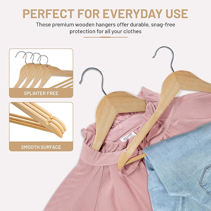 LUX Decor Wooden Hangers 30 Pack - Non-Slip Coat & Suit Hangers with 360° Swivel Hook, Smooth Finish, Heavy Duty Natural Color Clothes Hangers for Jacket, Shirt, Pants