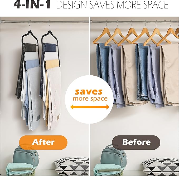 Velvet Pant Clothes Hanger Space Saving Non Slip Shorts Hanger, Myfolrena Jeans Slack Trousers Hangers Multiple Velvet Hanger Closet Organizer Storage and Organization for Jeans,Scarf,Tie(Black,3)