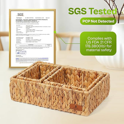 Water Hyacinth Storage Baskets Set of 3, Woven Shelf Baskets, Rectangular Open Top Wicker Pantry & Closet Organizer Bins for Bathroom, Countertop & Home Organization