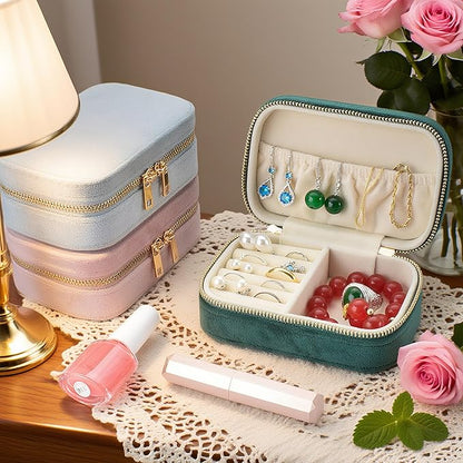 Small Travel Jewelry Case for Women - Plush Velvet Portable Organizer, Holds 20+ Bracelet/Necklace/Earrings/Rings, Giftable Storage Display Box Zipper, Mother/Bridesmaid/Girlfriend Gift (Blue)