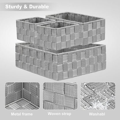 Posprica Drawer Organizer Bins,Woven Strap Storage Box Cube Basket Containers Divider for Organizing drawers, Shelves, Closets, Cabinets, Dressers and Countertops,set of 4, Light Grey