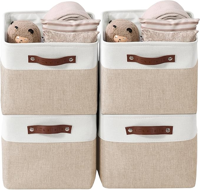 DECOMOMO Storage Bins, Large Fabric Storage Baskets for Shelves, Decorative Linen Closet Organizer, 15 x 11 x 9.5 inches (Beige & White, 4 Pack)