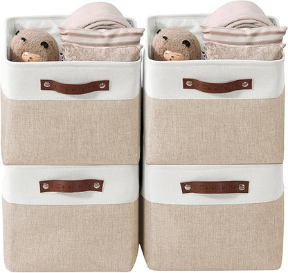 DECOMOMO Storage Bins, Large Fabric Storage Baskets for Shelves, Decorative Linen Closet Organizer, 15 x 11 x 9.5 inches (Beige & White, 4 Pack)