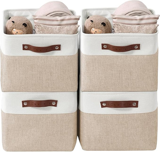 DECOMOMO Storage Bins, Large Fabric Storage Baskets for Shelves, Decorative Linen Closet Organizer, 15 x 11 x 9.5 inches (Beige & White, 4 Pack)