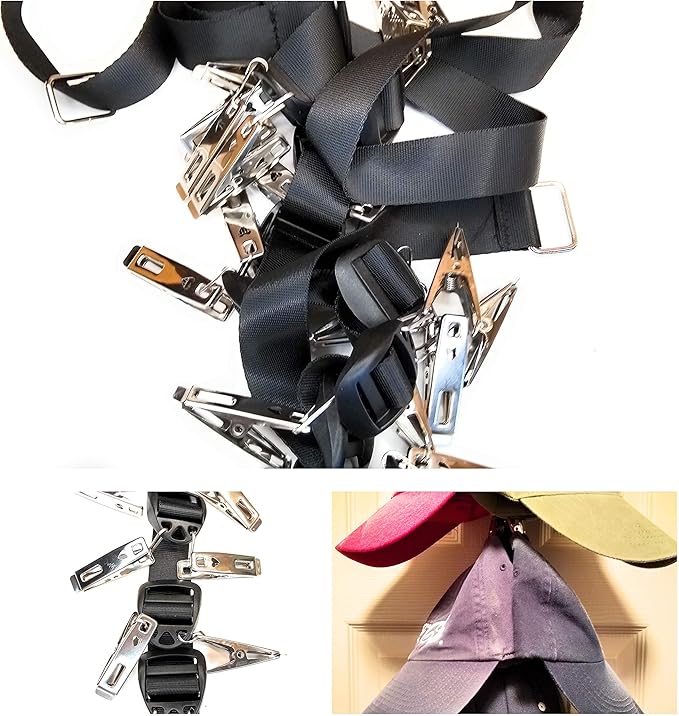 Premium 20 Baseball Cap Over the Door Organizer, Single Strap 20 clips Holds 20 hats, scarfs, plush animals, T-Shirts