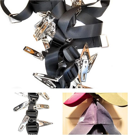 Premium 20 Baseball Cap Over the Door Organizer, Single Strap 20 clips Holds 20 hats, scarfs, plush animals, T-Shirts