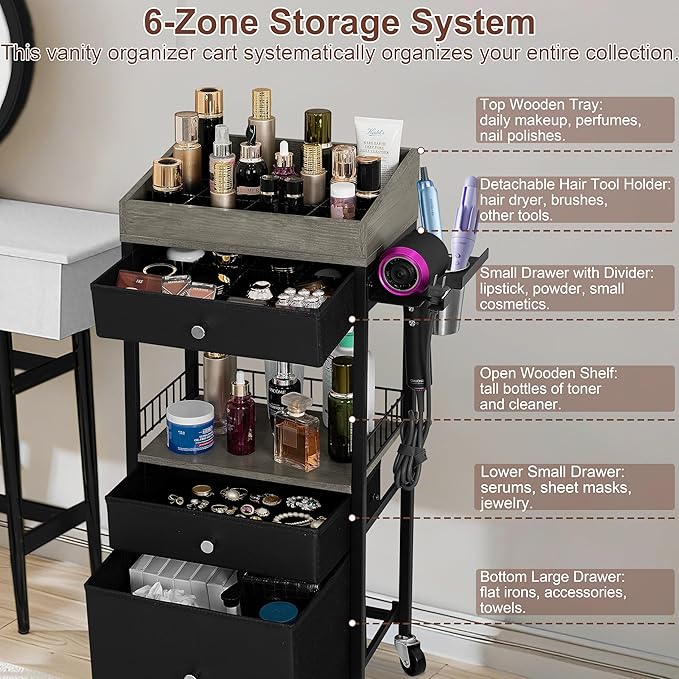 Makeup Organizer Cart with 3 Drawers, Rolling Cosmetic Storage Cart with Adjustable Dividers, Detachable Hair Tool Holder & Lockable Wheels, Vanity Organizer for Small Spaces, Black & Grey