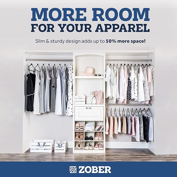 ZOBER Black Velvet Hangers 50 Pack - Clothes Hangers, Coat Hanger for Pants & Dress Clothes - Non Slip w/ 360 Degree Swivel, Holds up to 10 lbs - Strong Felt Hanger for Clothing