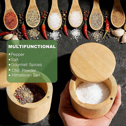 Ninsula Bamboo Salt Cellar, 360° Magnetic Swivel Lid Salt Container with Built-in Spoon for Storing Table Salt, Pepper, Sugar, Sea Salt, Spices, and Herbs