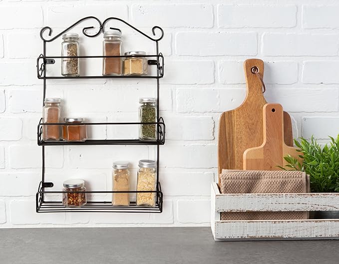 DII Farmhouse Vintage Decorative Metal Pantry Spice Rack Organizer, 11Lx2.6Wx18H, 3 Tier Spice Rack - Rustic