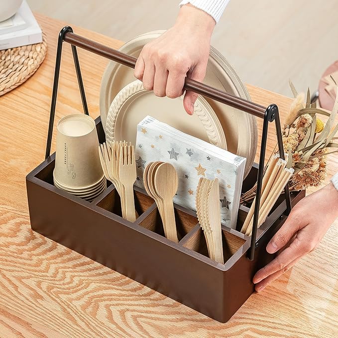 PTSTING Silverware Caddy with Handle Acacia Wood Utensil Holder Paper Plate Dispenser for Countertop Flatware Organizer Box for Spoons Forks Plates Cups Napkins