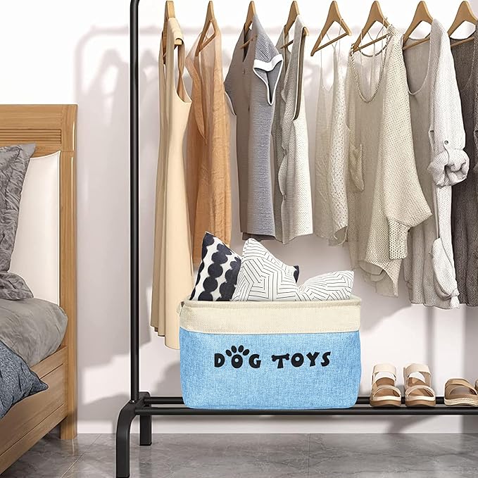 PET ARTIST Dog Toy Basket, Collapsible Dog Toy Bin Box with Comfortable Handles, Large Pet Toy Storage Basket Organizer for Accessories, Toys,Coat & Clothing,Blanket Leash (Blue, M:15"x11"x9")