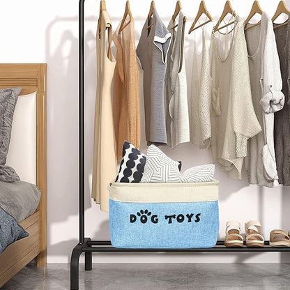 PET ARTIST Dog Toy Basket, Collapsible Dog Toy Bin Box with Comfortable Handles, Large Pet Toy Storage Basket Organizer for Accessories, Toys,Coat & Clothing,Blanket Leash (Blue, M:15"x11"x9")