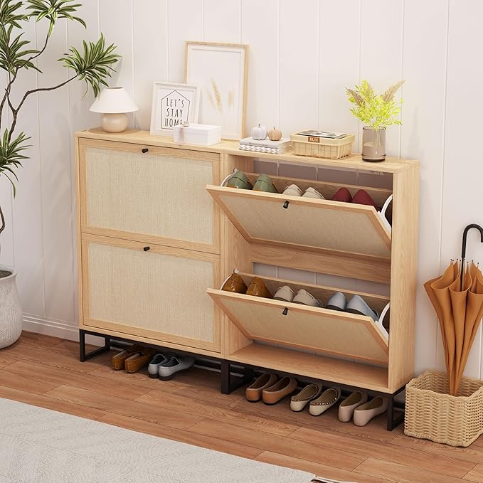 AVZEAR Narrow Shoe Storage Cabinet for Entryway with Natural Linen Panel, Freestanding Slim Shoe Cabinet with 2 Flip Drawers, Wood Shoe Organizer Closed Shoe Rack for Hallway, Living Room(Natural)