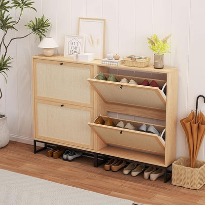 AVZEAR Narrow Shoe Storage Cabinet for Entryway with Natural Linen Panel, Freestanding Slim Shoe Cabinet with 2 Flip Drawers, Wood Shoe Organizer Closed Shoe Rack for Hallway, Living Room(Natural)