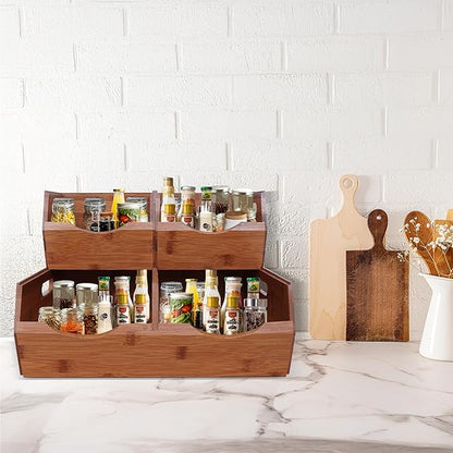 [Upgraded] 2-tier Stackable Bamboo Pantry Storage Bins, Potato and Onion Storage Baskets with Handles, Removable Divider, Pantry Organizer Holder for Kitchen, Office, Cabinet, Fruit Storage (Walnut)