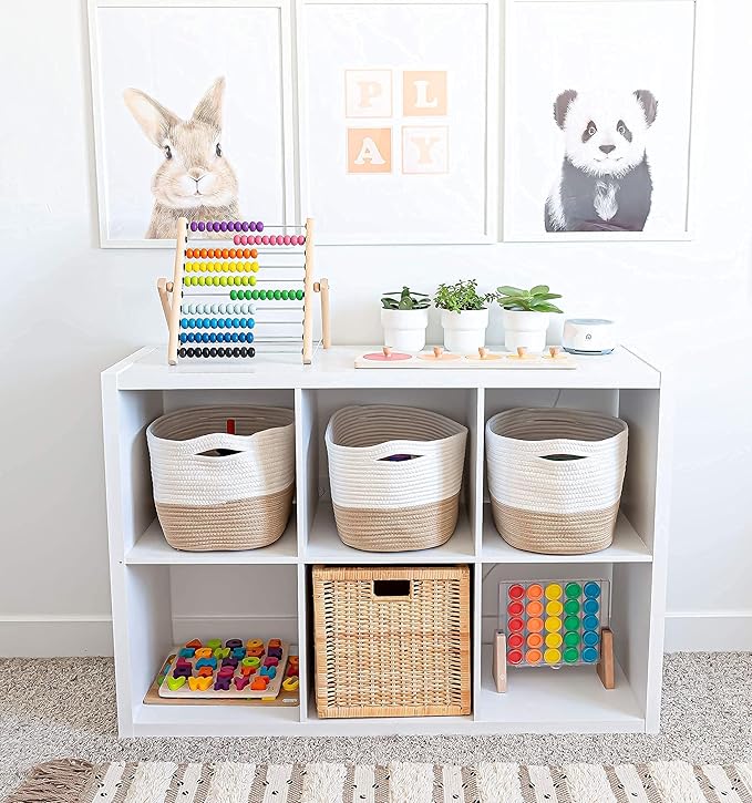 Honey Cotton Rope Baskets for Shelves, Set of 3-15"×10"×9½" - Woven Storage Baskets for Organizing - Closet, Nursery, Bedroom, Playroom - Toys, Books, Towels, Clothes