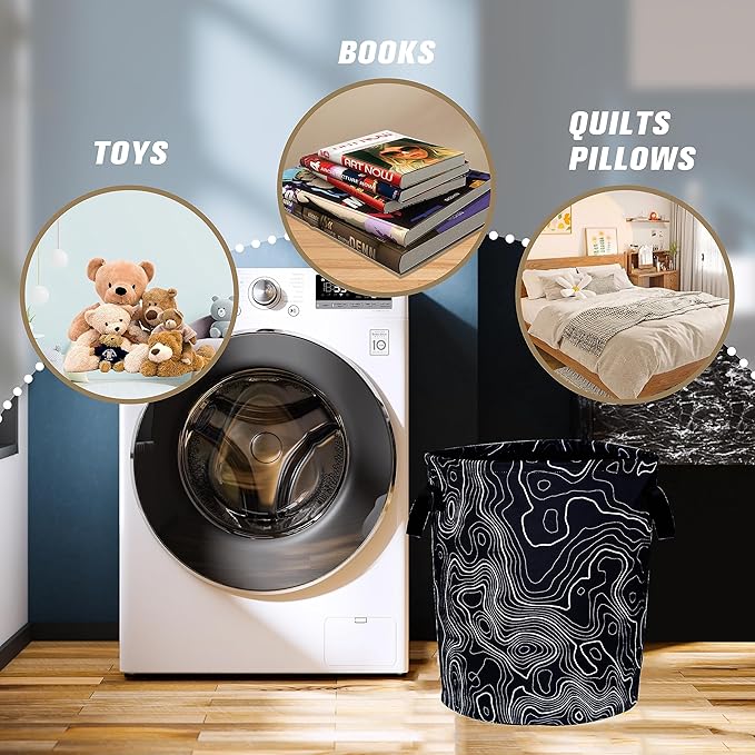 Topographic Map Laundry Basket Topography Pattern Foldable Oxford Cloth Funny Tote Bag Laundry Hamper Clothes Storage Bucket Organizer For Bathroom/Laundry Storage/Bedroom 17.7x13.7
