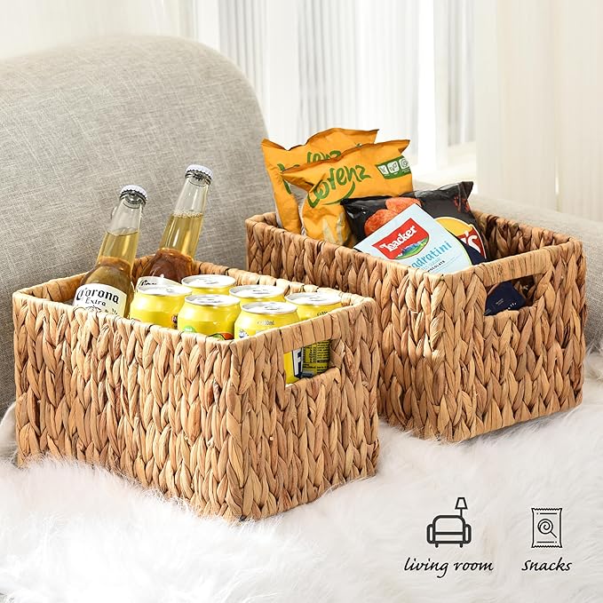 Water Hyacinth Rectangular Wicker Baskets, 12" Wicker Basket 2 Pack, Woven Storage Baskets with Handles
