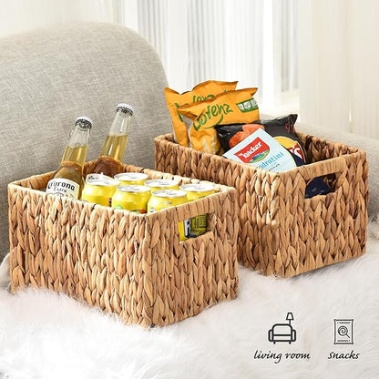 Water Hyacinth Rectangular Wicker Baskets, 12" Wicker Basket 2 Pack, Woven Storage Baskets with Handles
