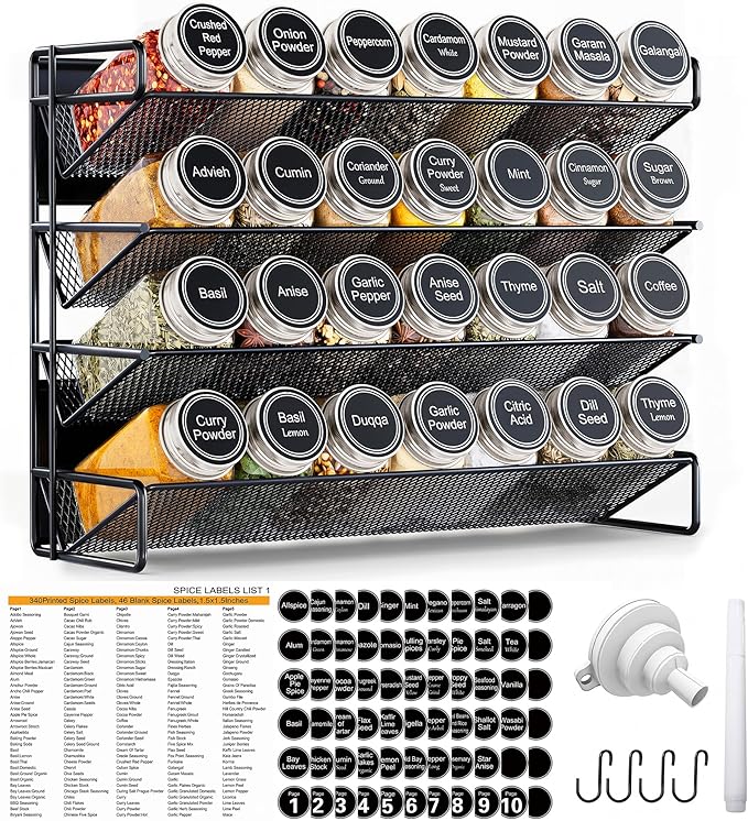 UVIAHOMI Magnetic Spice Rack Organizer for Refrigerator with 28 Spice Jars, 386 Spice Labels, 4 Hook, Chalk Marker and Funnel Set, Magnetic Shelf for Seasoning Organizer, 13.2'' W x 9.8 H, Black