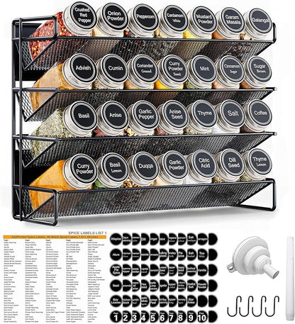 UVIAHOMI Magnetic Spice Rack Organizer for Refrigerator with 28 Spice Jars, 386 Spice Labels, 4 Hook, Chalk Marker and Funnel Set, Magnetic Shelf for Seasoning Organizer, 13.2'' W x 9.8 H, Black