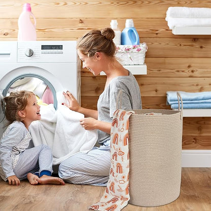 Woven Cotton Rope Laundry basket-16”X22” Laundry Hamper-Rope Storage Basket for Dirty Clothes, Toys and Blankets Perfect for Bathroom, Baby nursery and Living Room Storage (oatmeal, Large)