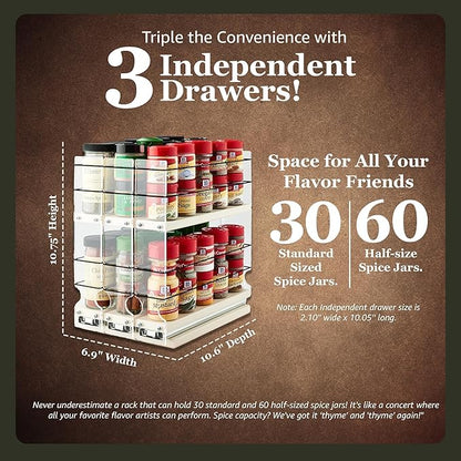 Vertical Spice Cabinet Mounted Spice Rack Organizer - 3 Drawers,30 Reg or 60 Half Sized Spice Jars - Pantry Organizers & Storage -Pullout Shelf for Kitchen Cupboard (6.9''W x 10.75''H x 10.6"D, Cream)