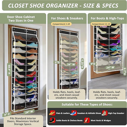 Kotkn 24-Pair Over Door Shoe Organizer for Family & Kids, Double Sided | Hanging Storage for Sneakers, Boots, Toys & Room Organization-Obsidian Black