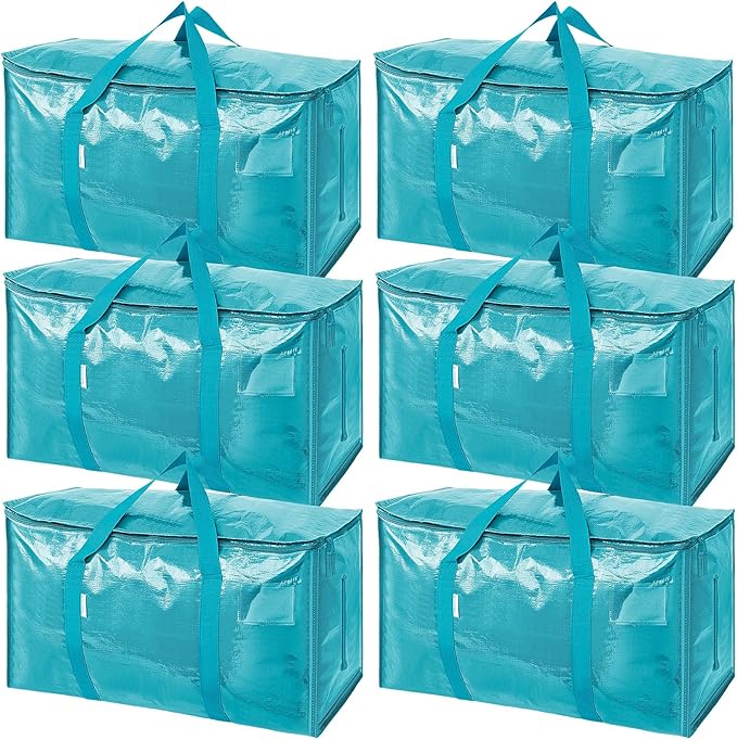 TICONN 6 Pack Extra Large Moving Bags Heavy Duty with Zippers & Carrying Handles, Durable Storage Bags Moving Boxes for Closet Organizers and Storage (6 Pack, Aqua)