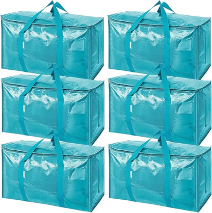 TICONN 6 Pack Extra Large Moving Bags Heavy Duty with Zippers & Carrying Handles, Durable Storage Bags Moving Boxes for Closet Organizers and Storage (6 Pack, Aqua)
