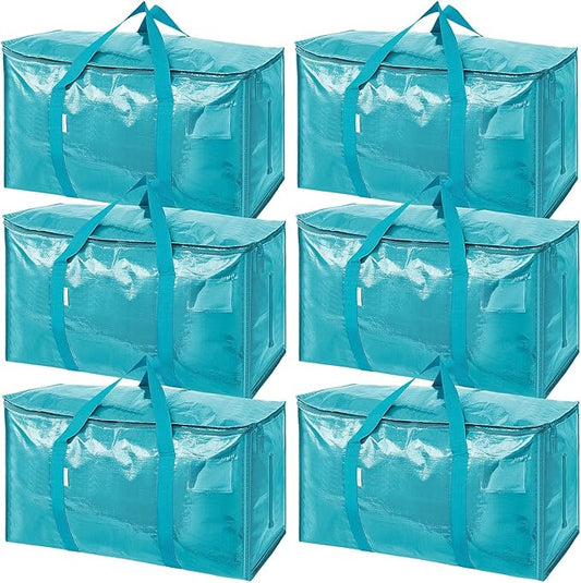 TICONN 6 Pack Extra Large Moving Bags Heavy Duty with Zippers & Carrying Handles, Durable Storage Bags Moving Boxes for Closet Organizers and Storage (6 Pack, Aqua)