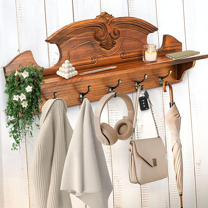 Coat Hanger Wall Mount with Shelf - Gorgeous 24" Farmhouse Coat Rack Wall Mount with Shelf with Hooks for Entryway - Wall Mounted Coat Rack for Wall Hanging Coats, Jackets, Purses, Keys (Brown)