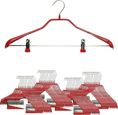 Mawa by Reston Lloyd BodyForm Series Non-Slip Steel Clothes Hanger with Shoulder Support & 2 Strong Clips for Pants or Skirts, Style 42/LK, Red, Set of 50