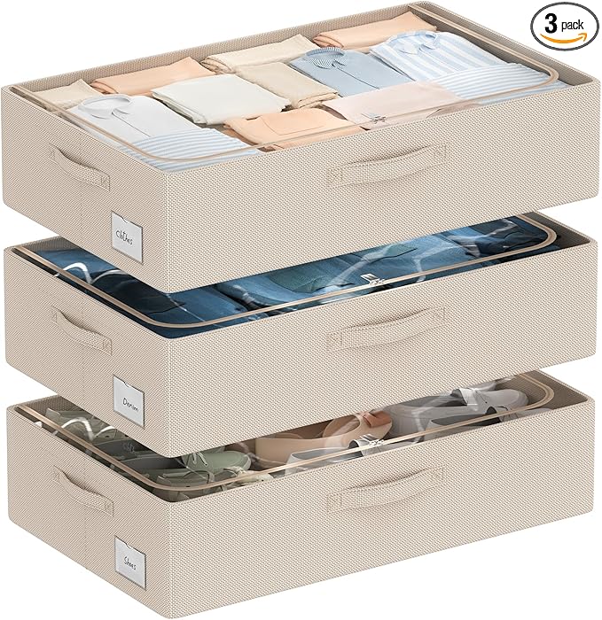 CYhom 3Pcs Under Bed Storage Bins with Metal Frame - Shoe Organizer for Closet with Clear Cover Oxford Fabric Sturdy Underbed Container Foldable Stackable Clothes Organizer (Beige, 23.5x15.7x6.3)