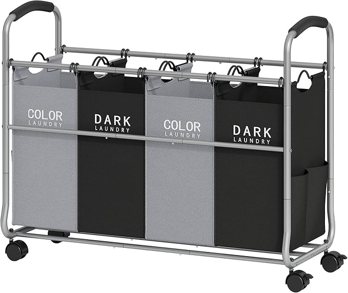 Tajsoon Laundry Sorter 4 Sections, Laundry Separator Hamper with Heavy Duty Lockable Rolling Wheels, Laundry Divider with Removable Bags for Dirty Clothes Storage, Black & Grey