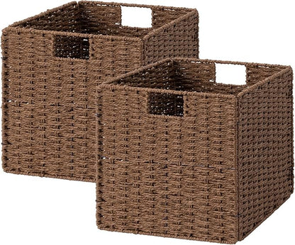 StorageWorks 13 inch Wicker Storage Baskets, Handwoven Wicker Basket for Organizing, Foldable Paper Rope Square Storage Cubes, Brown, 2 Pack