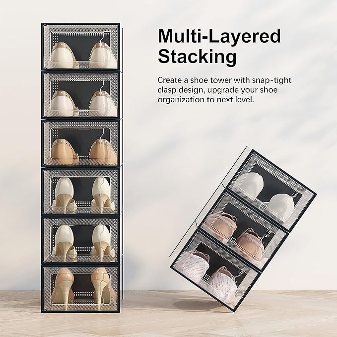 SEE SRPING XX-Large Shoe Storage Box Fit Size 14, Clear Plastic Stackable Shoe Organizer for Closet, Shoe Rack Sneaker Containers Bins Holders, Drawer Organize Unit, 12 Pack Black