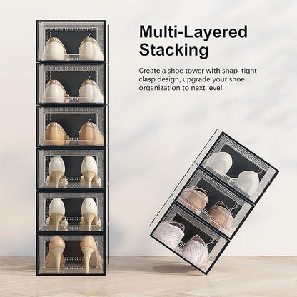 SEE SRPING XX-Large Shoe Storage Box Fit Size 14, Clear Plastic Stackable Shoe Organizer for Closet, Shoe Rack Sneaker Containers Bins Holders, Drawer Organize Unit, 12 Pack Black